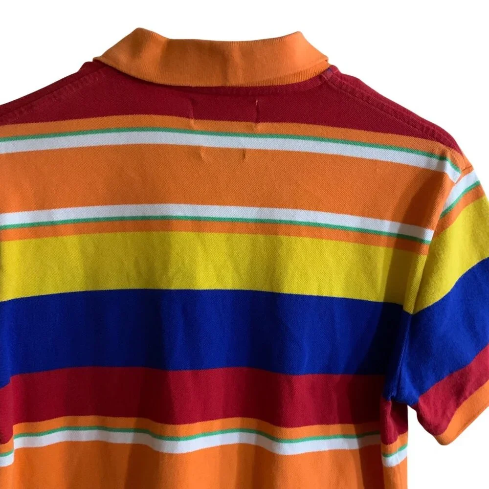 Mens Custom Fit Multicolor Striped Polo Shirt M 100% Cotton Classic Dopamine Y2K